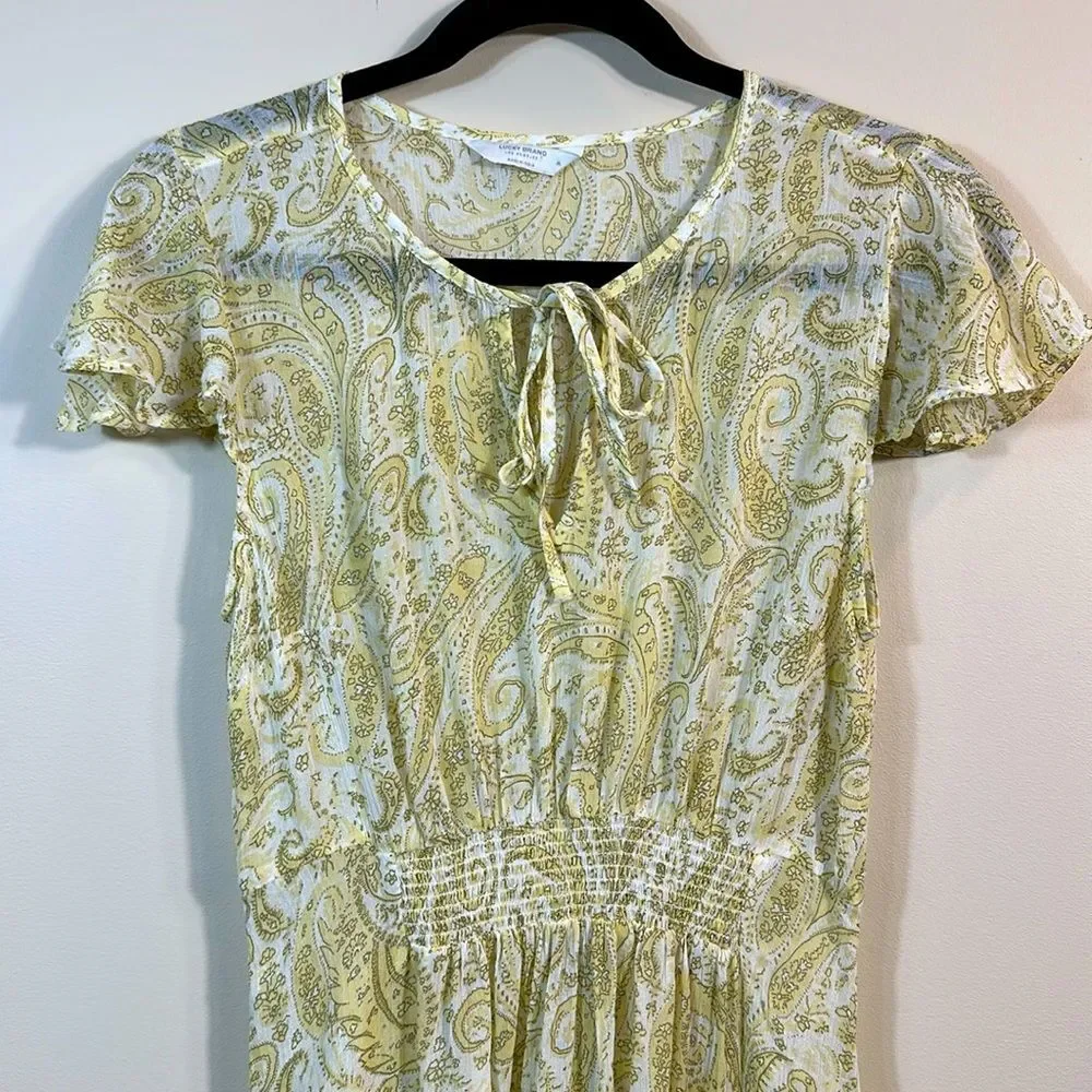 Lucky Brand Sheer Midi Boho Shortsleeve Yellow Keyhole Dress Women Medium